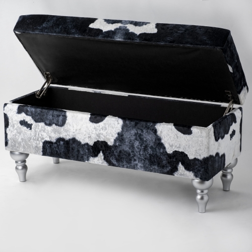 Tapicerowana pufa ze schowkiem w motyw krowi