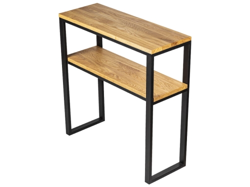 stalowa konsola do przedpokoju z drewnianymi półkami