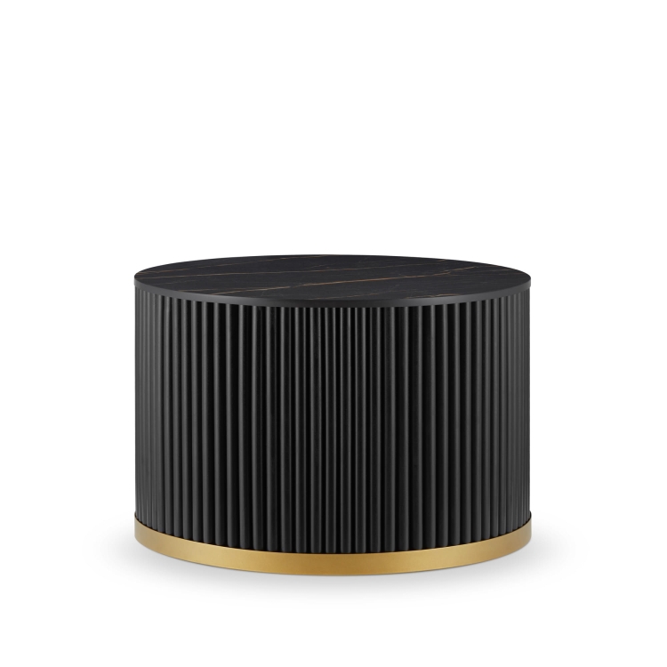 stylowy czarny stolik z kamiennym blatem i ryflowaną podstawą