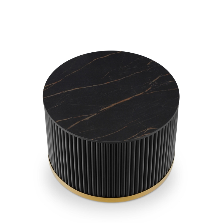 czarny stolik okrągły z kamiennym blatem i oryginalną ryflowaną podstawą