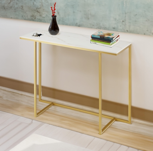 nowoczesna złota konsola z kamiennym blatem i stalową konstrukcją do korytarza
