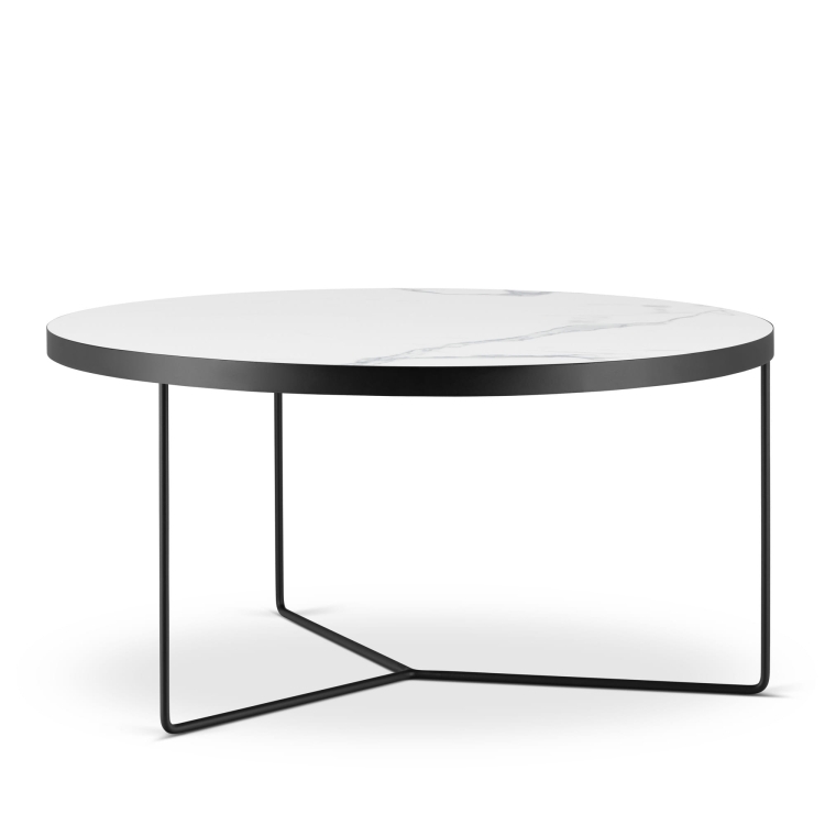 Stylowy stolik kawowy z  marmurowym blatem i stalową okrągłą podstawą