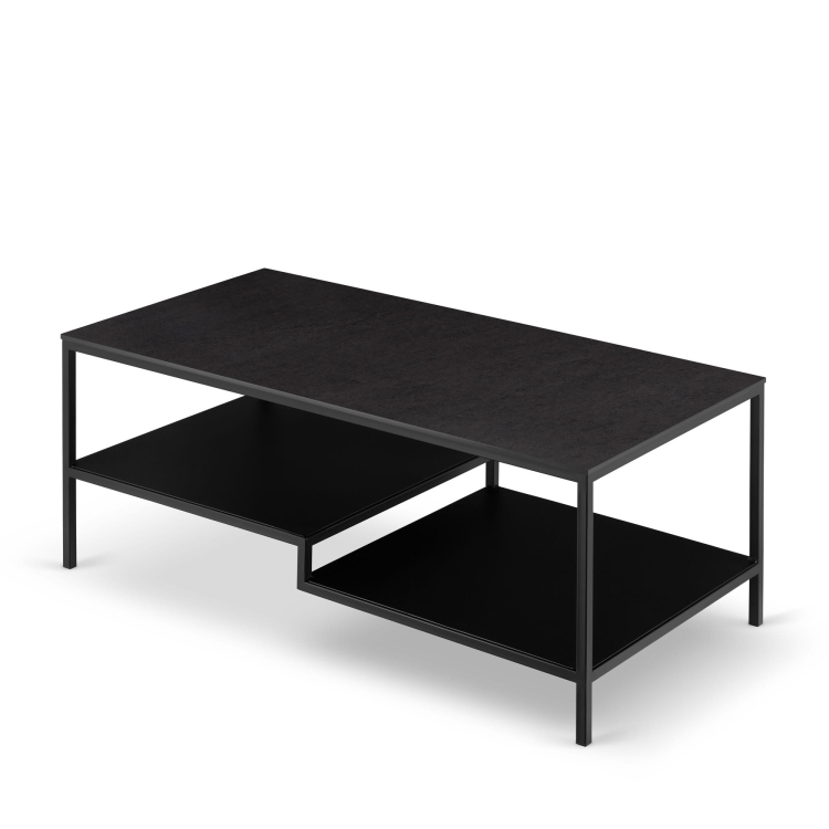 Kwadratowy stolik z kamiennym blatem, stalową ramą i dodatkową półką do przechowywania