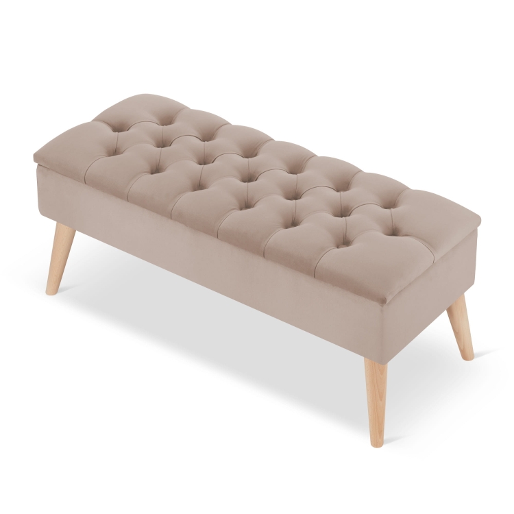 Stylowa pikowana pufa w kolorze latte ze schowkiem, praktyczny mebel do wnętrza