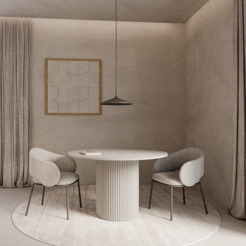 Stylowy kaszmirowy stół do jadalni, ryflowana noga i okrągły blat, minimalistyczny design