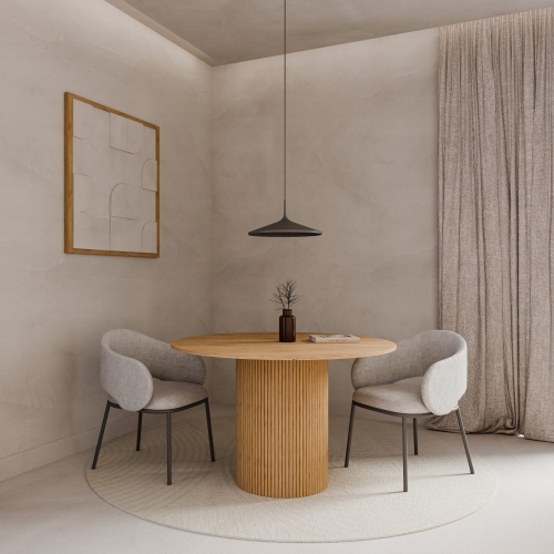 Designerski drewniany stół jadalniany, okrągły blat i ryflowana podstawa w jednym