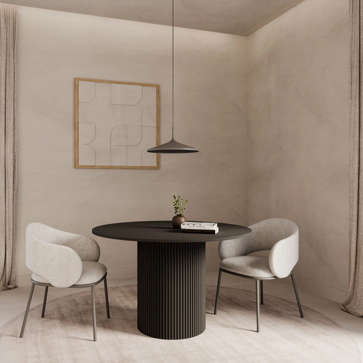 Designerski czarny stół jadalniany na ryflowanej nodze, połączenie funkcji i elegancji