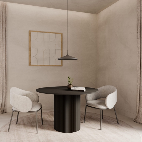 Designerski czarny stół jadalniany na ryflowanej nodze, połączenie funkcji i elegancji