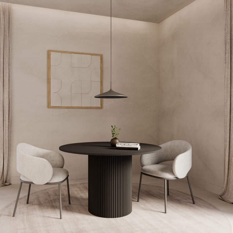 Designerski czarny stół jadalniany na ryflowanej nodze, połączenie funkcji i elegancji