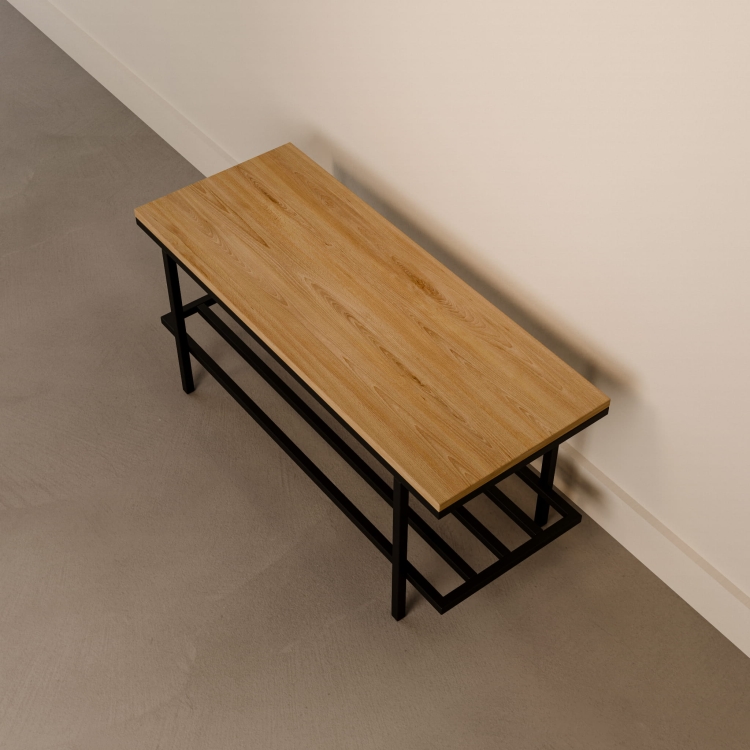Ławka stalowa z drewnianym blatem w industrialnym stylu
