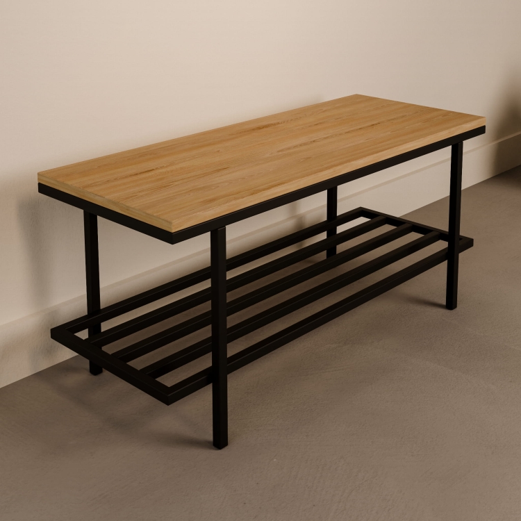 Nowoczesna industrialna ławka z drewnianym blatem na stalowej konstrukcji