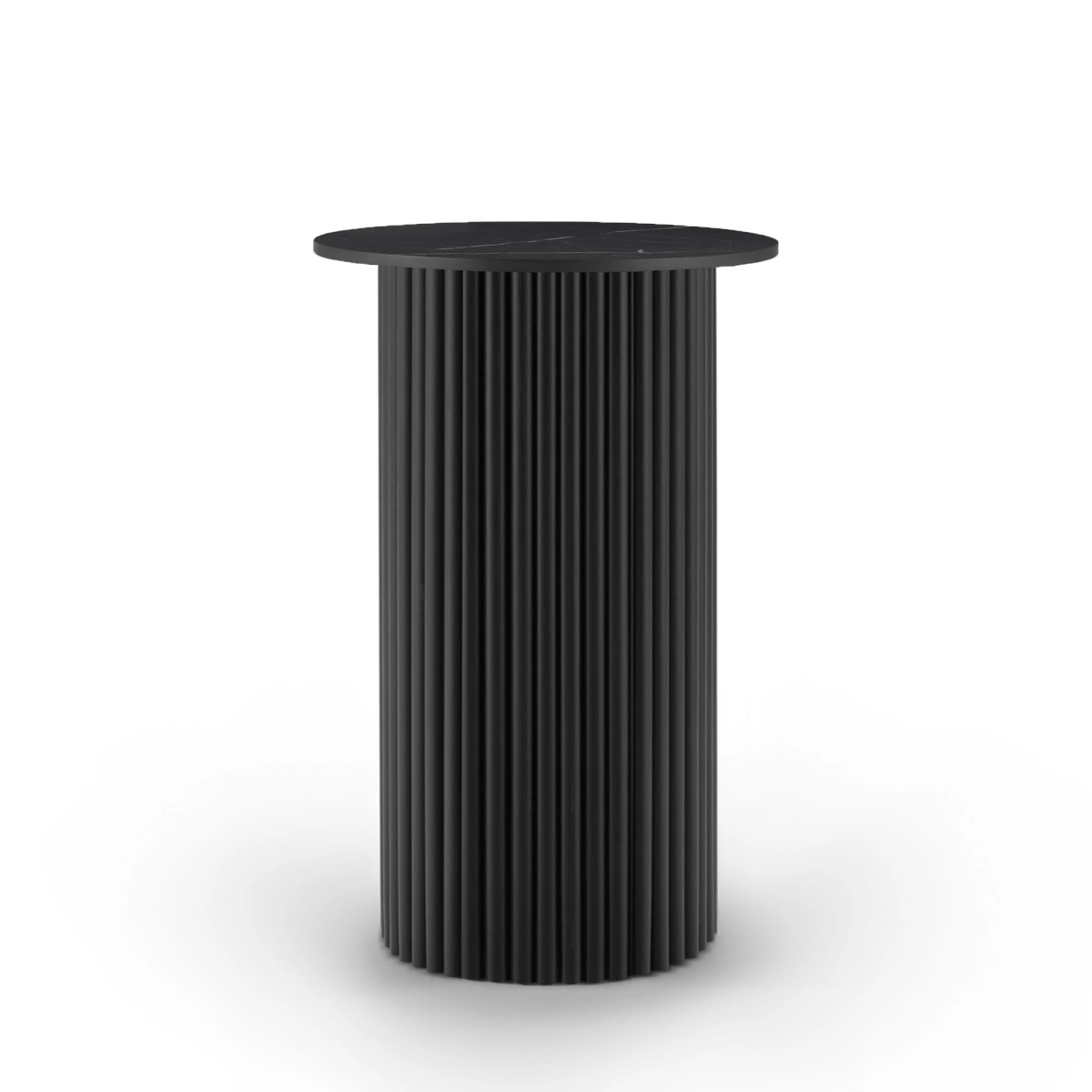 Wyrafinowany stolik w głębokiej czerni z okrągłym blatem wykonanym z trwałego spieku kwarcowego i designerską ryflowaną podstawą. Połączenie nowoczesnej elegancji z ponadczasowym stylem.