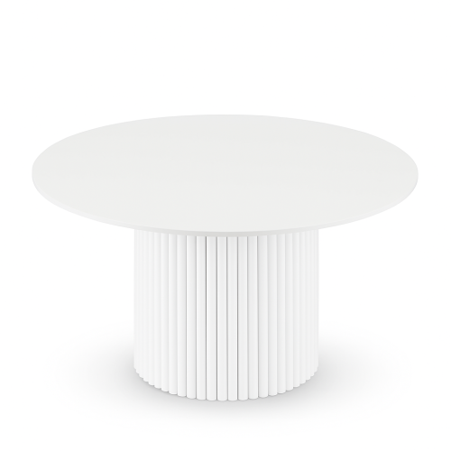 biały okrągły stolik kawowy z kamiennym blatem