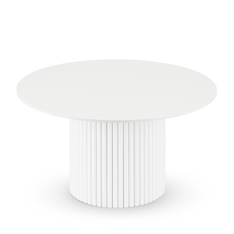 biały okrągły stolik kawowy z kamiennym blatem