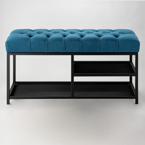 Ławka pikowana w stylu industrialnym i niebieskim kolorze z półkami