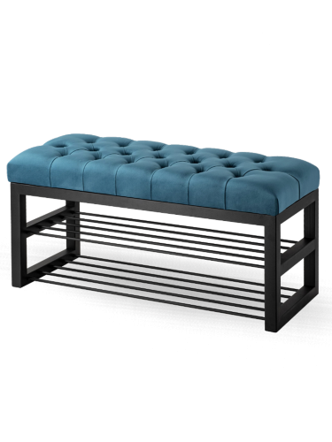 Niebieska pikowana ławka w stylu industrialnym z metalowymi półkami