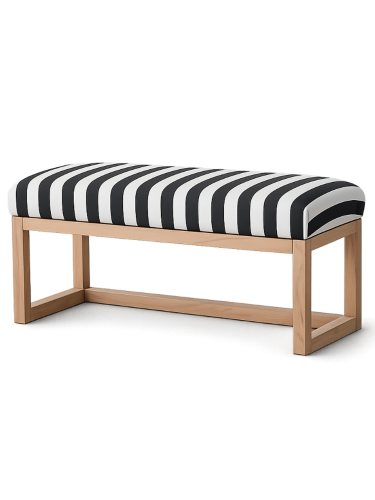 Ławka tapicerowana w czarno-białe paski z drewnianym stelażem i jedną półką