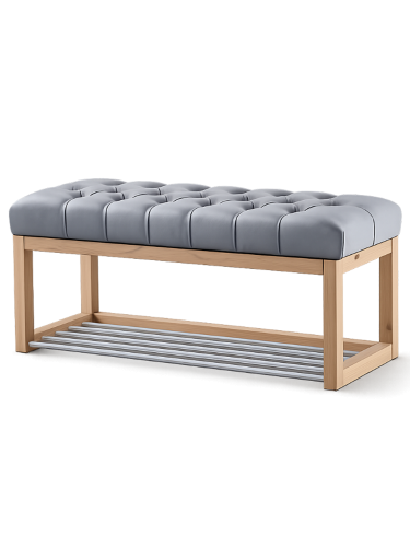 Ławka z pikowanym siedziskiem w kolorze szarym i drewnianą konstrukcją