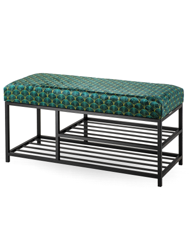 Tapicerowana ławka z metalowymi półkami w stylu industrialnym