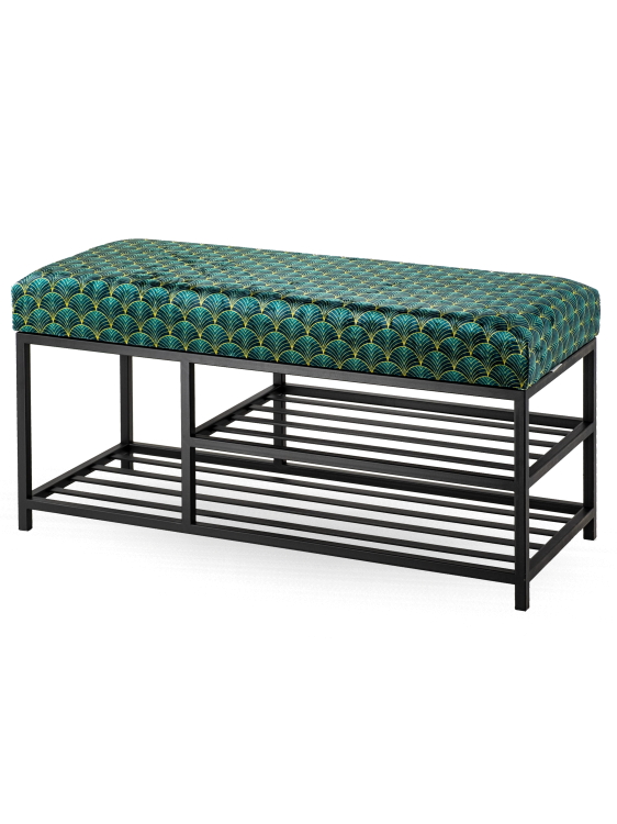 Tapicerowana ławka z metalowymi półkami w stylu industrialnym