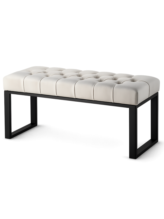 Biała industrialna ławka pikowana na metalowych nogach