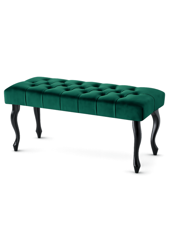 Pikowana ławka w odcieniu butelkowej zieleni z czarnymi nogami