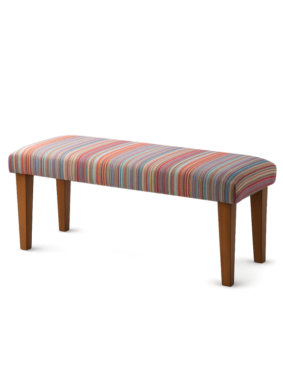 Tapicerowana ławka w paski na drewnianych nogach