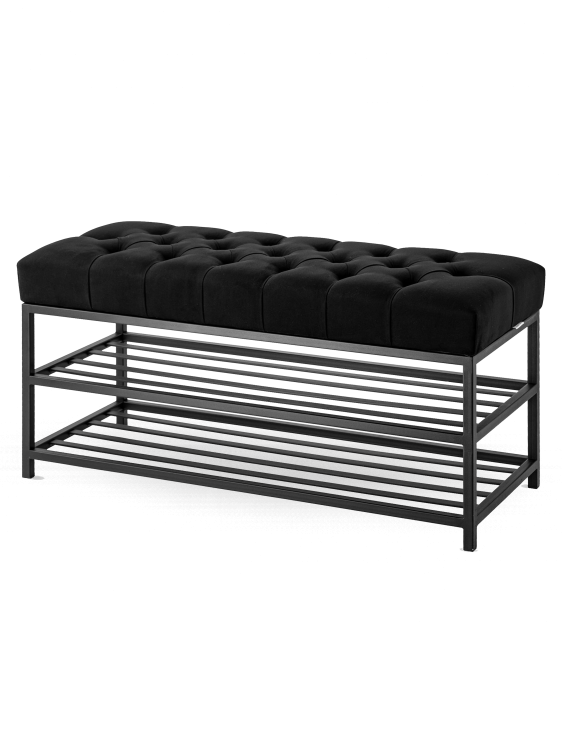 Pikowana industrialna ławka w kolorze czarnym z metalowymi półkami