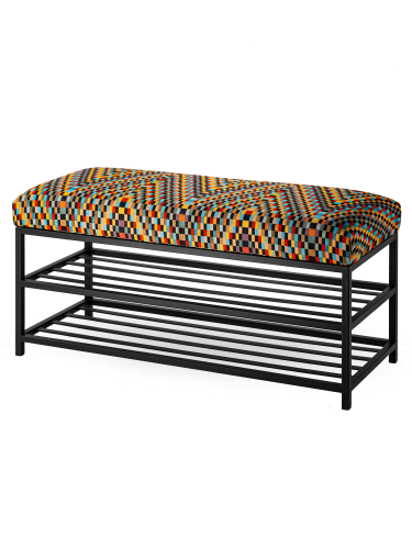 Kolorowa tapicerowana ławka z metalowymi półkami na buty w tkaninie barcelona