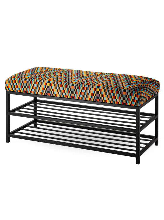 Kolorowa tapicerowana ławka z metalowymi półkami na buty w tkaninie barcelona