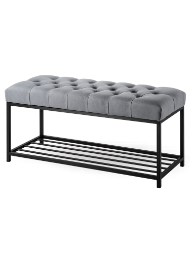 Industrialna pikowana ławka w kolorze szarym z metalową półką