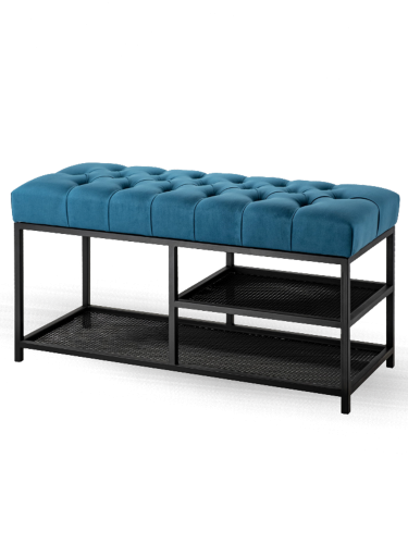 Ławka pikowana w stylu industrialnym i niebieskim kolorze z półkami