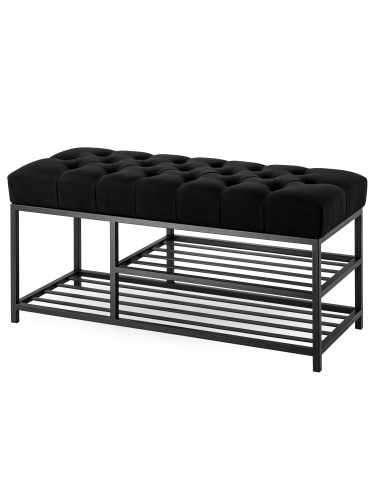 Pikowana industrialna ławka w kolorze czarnym z metalowymi półkami