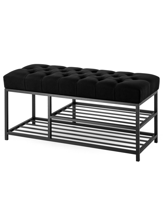 Pikowana industrialna ławka w kolorze czarnym z metalowymi półkami