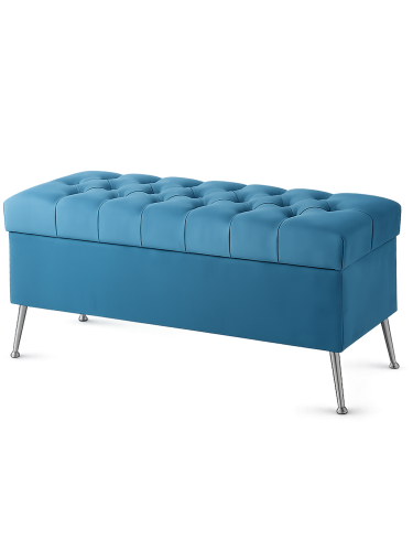 Niebieski kufer z pojemnym schowkiem i metalowymi nogami