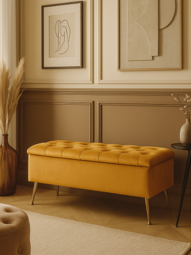 Pikowana pufa ze schowkiem w kolorze papaya, stylowy i praktyczny mebel do wnętrza