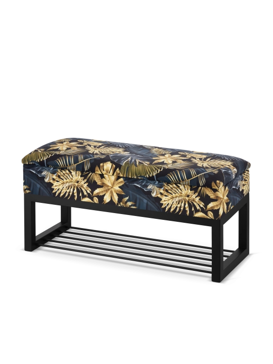 wzorzysta pufa ze schowkiem i półką na buty