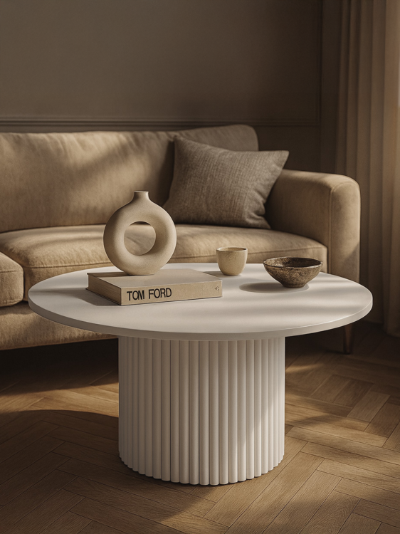 Okrągły biały stolik kawowy z ozdobną ryflowaną nogą do jasnych, przestronnych wnętrz