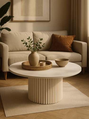 beżowy okrągły stolik kawowy z ryflowaną podstawą