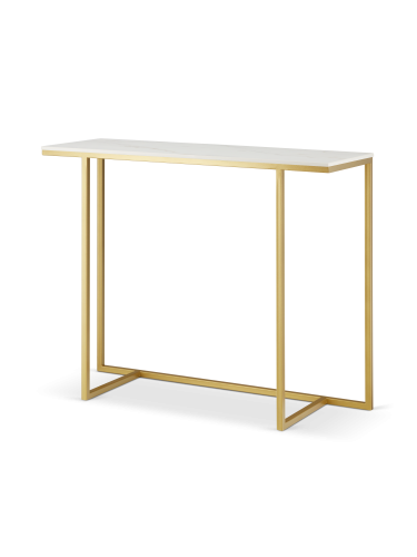 konsola do przedpokoju z kamiennym blatem i złotą stalową konstrukcją