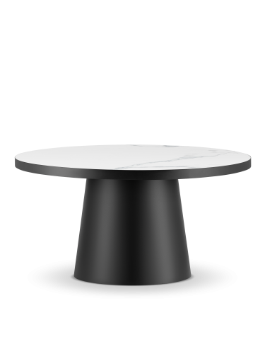 Nowoczesny stolik kawowy z kamiennym blatem i stalową okrągłą podstawą do salonu