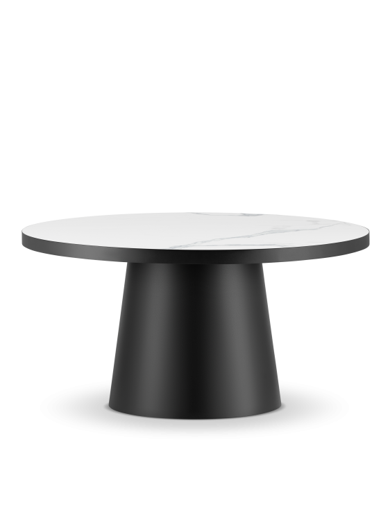 Nowoczesny stolik kawowy z kamiennym blatem i stalową okrągłą podstawą do salonu