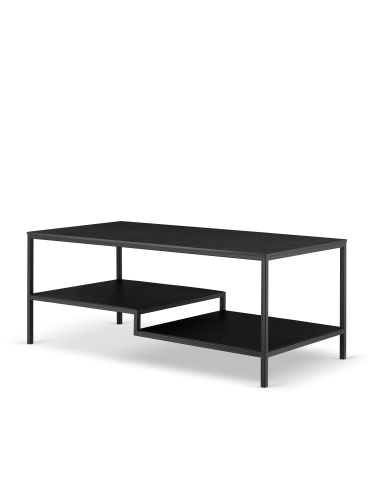 Kwadratowy stolik kawowy z czarnym kamiennym blatem, stalową ramą i półką