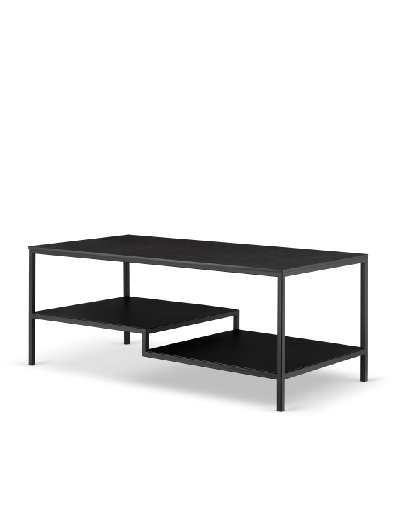 Kwadratowy stolik kawowy z czarnym kamiennym blatem, stalową ramą i półką