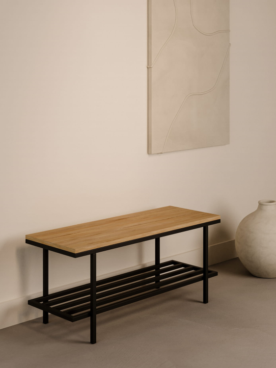 Nowoczesna industrialna ławka z drewnianym blatem na stalowej konstrukcji