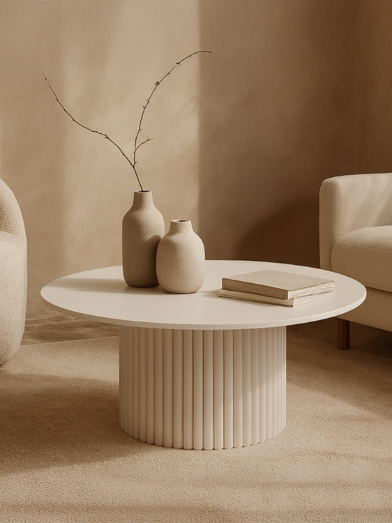 okrągły biały stolik kawowy z blatem kamiennym