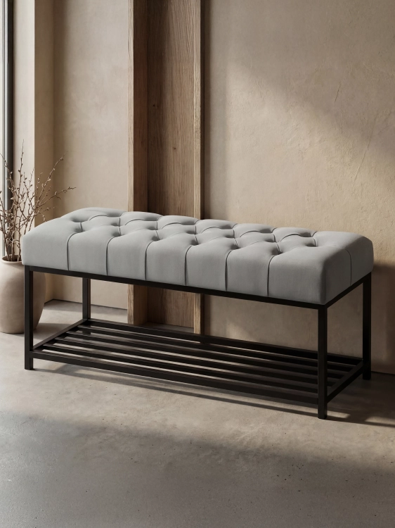 szara ławka na buty z siedziskiem pikowanym