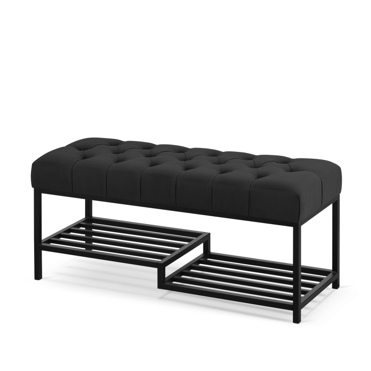 czarna ławka industrialna do przedpokoju na metalowych nogach