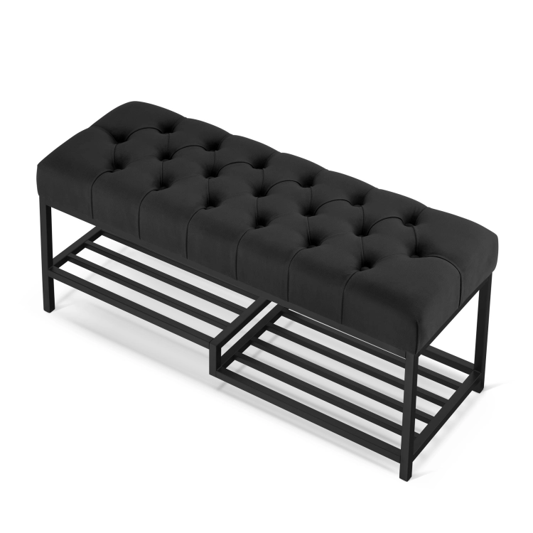 czarna ławka industrialna do przedpokoju na metalowych nogach