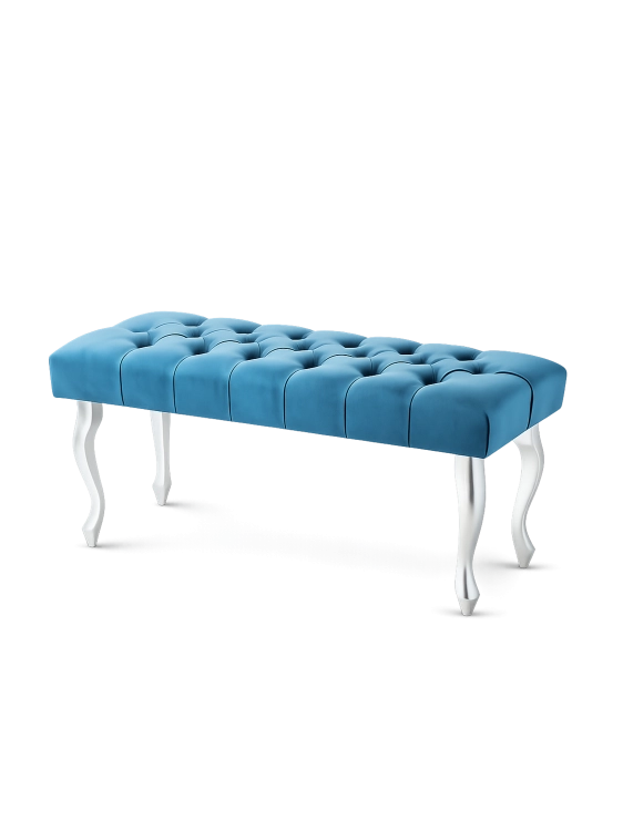 Stylowa turkusowa pikowana ławka z metalowymi srebrnymi nogami